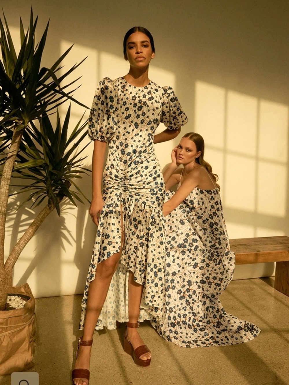 AMUR Cream Floral High-Low Midi Dress with Blue Print